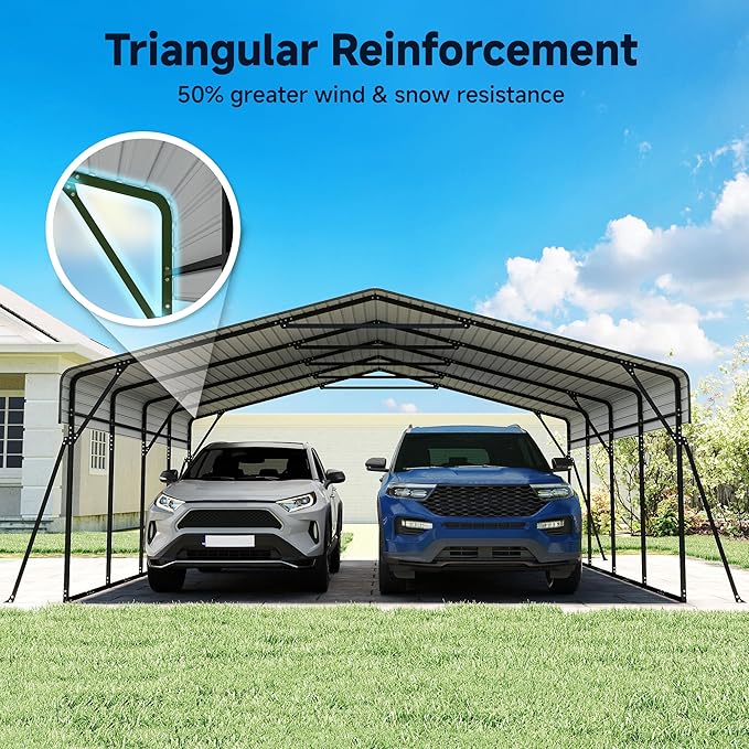 Heavy Duty Metal Carport, 20 x 20FT Outdoor Carport with Galvanized Steel Frame and Roof, Multi-Use Car Shelter for 2 Cars, Pickup, Tractors, Gray