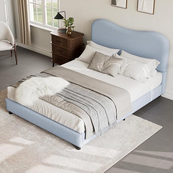 Queen Bed Frame for Kids with Velvet Upholstered Headboard, Cute Low Profile Platform Bed for Girls and Boys, No Box Spring Needed, Strong Wooden Slats, Noise Free, Easy Assembly, Blue