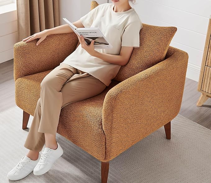 Oversized Accent Chair Modern Boucle Armchair for Living Room- 37" Wide Accent Chair with Solid Wood Legs, Curry Upholstered Lounge Chair for Bedroom & Office, Cozy Reading Chair (Easy Assembly)