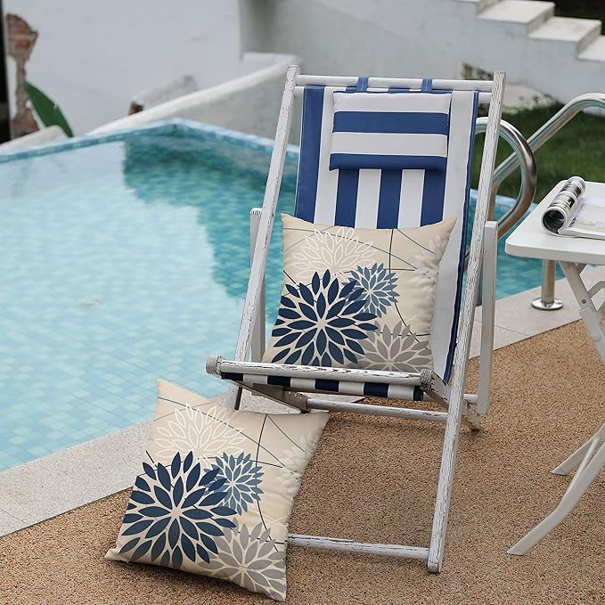 Blue and Gray Floral Pillow Covers 20x20 Set of 2 Outdoor Waterproof White Colored Decorative Throw Pillows Summer Pillowcase Polyester Cushion Case Decor for Couch Patio Funiture Garden Porch 01B20