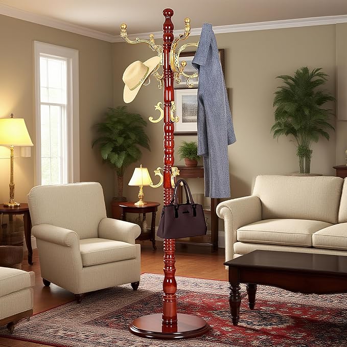 73”Vintage Wooden Coat Rack Freestanding With 14 Hooks and Sturdy Round Base。3-level Adjustable Vintage Wooden Coat Rack.Coat Rack Stand for Living Room Bedroom Office (Begonia)