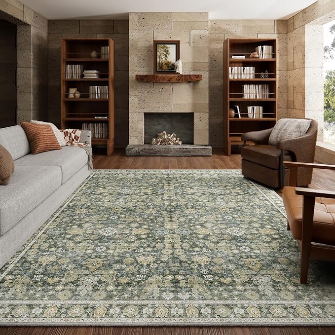 8x10 Washable Area Rugs Ultral Soft Non-Slip Stain Resistant Vintage Boho Large Carpet for High-Traffic Living Room & Dining Room