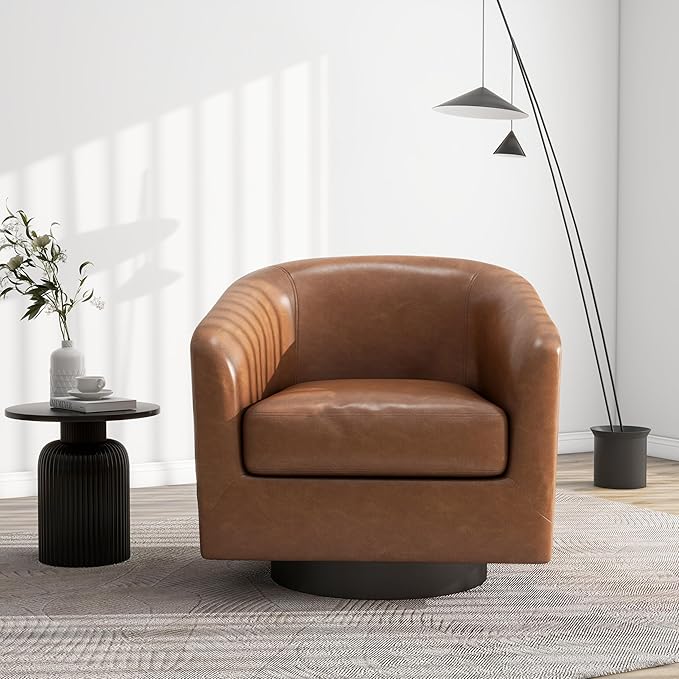 Swivel Barrel Accent Chair, Modern Round Faux Leather Arm Chair for Living Room, Bedroom, Comfy Club Reading Chairs for Adults(Faux Leather, Brown, Set of 4)