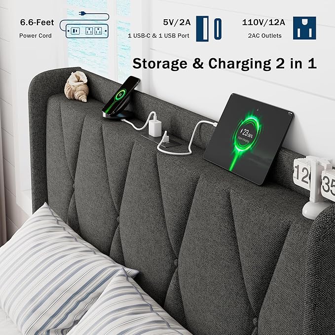 Queen Bed Frame with 4 Storage Drawers, Upholstered Platform Bed with Charging Station, Modern Wingback Storage Headboard, Easy Assembly,Noise-Free, Dark Gray