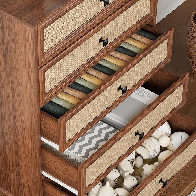 ORRD 10 Drawer Dresser for Bedroom, Mid Century Modern Wide Wood Rustic Chest of Drawers Wooden Storage Organizer Dressers with Rattan Burlap Drawers for Living Room, Hallway Closet, Entryway, Walnut