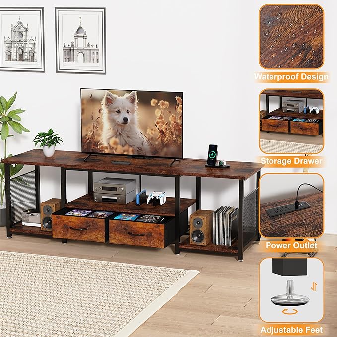 TV Stand with Drawers and Power Outlets for 75 70 65 Inch TV, Entertainment Center with Open Storage Shelves, Industrial Media TV Console Table for Living Room Bedroom Office, Rustic Brown