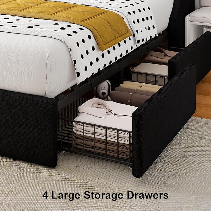 Twin Bed Frame with 4 Storage Drawers, Upholstered Modern Bed Frame with Wingback Headboard, Charging Station, No Box Spring Needed, Noise-Free, Black