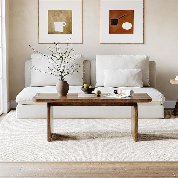 LITTLE TREE Farmhouse Coffee Table, 47 Inches Wooden Center Tables with Rounded Corners, Rectangular Living Room Tables, Modern Low Cocktail Tea Furniture for Living Room (Rustic Brown)