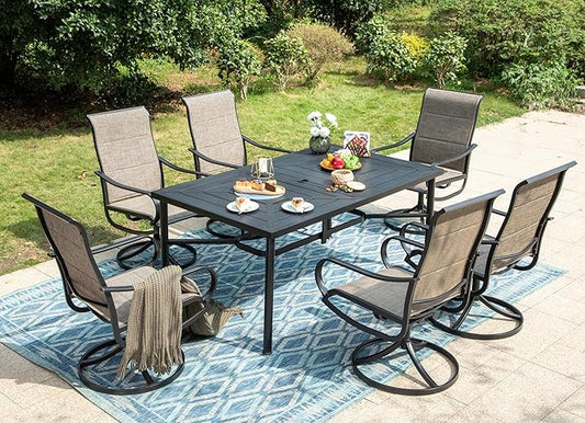 PHI VILLA 7 Piece Patio Dining Set, Outdoor Table and Chairs Furniture Dining Set with 6 Outdoor Swivel Dining Chairs and 1 Large Metal Table, Patio Set for Lawn Garden Deck, Padded Textilene