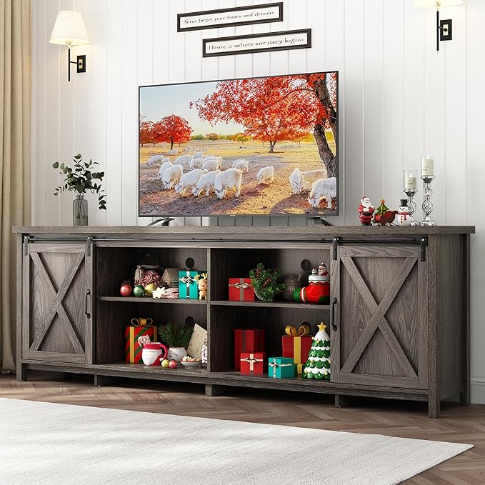 80 Inch Large Farmhouse TV Stands for 90 inch TV w/Adjustable Shelves