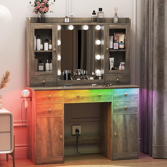 Vanity Desk with Mirror and Lights, Grey Vanity Mirror with Lights Desk and Chair & Charging Station, Farmhouse Makeup Vanity Desk with Lighted Mirror for Women Bedroom 3 Color Modes Adjustable