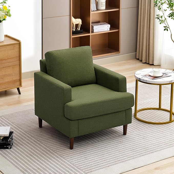 Mid-Century Accent Chair,Modern Linen Fabric Armchair for Living Room,Comfy Upholstered Reading Accent Chairs for Bedroom,Single Sofa Chair with Wood Legs (Green, 1 Pack)