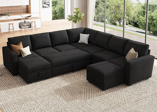 HONBAY Modular Sectional Sleeper Sofa with Pull Out Couch, Oversized U Shaped Sleeper Pull Out Bed with Storage Sectional Couches for Living Room - Black