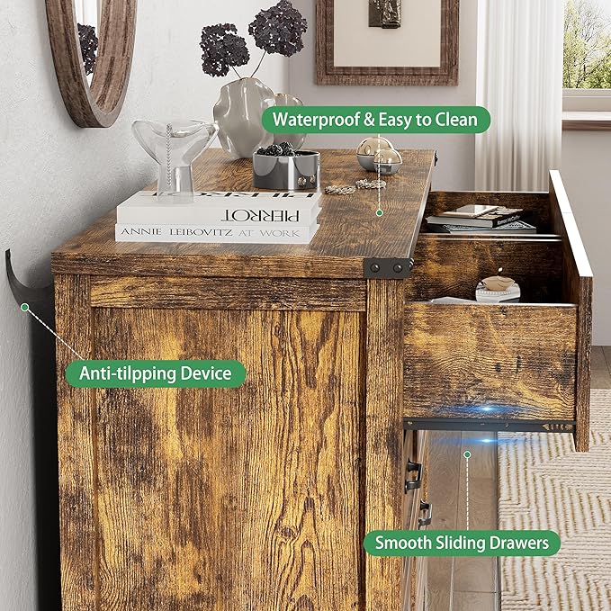 Dresser for Bedroom with 6 Drawers, 48" Wide Wood Chest of Drawers with Deep Drawers & Mental Handle, Modern Dresser TV Stand, Wooden Closet Storage Organizer for Living Room, Hallway, Entryway, Brown