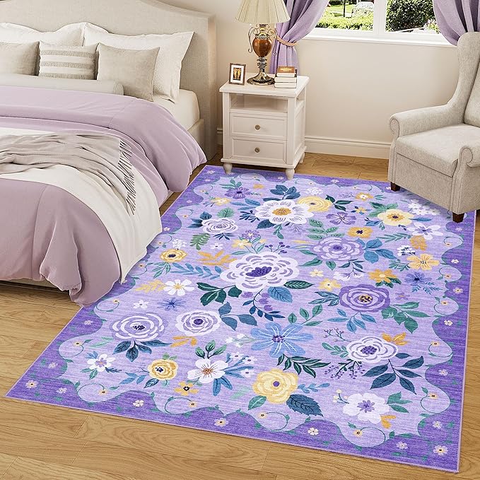 DUKINO 8x10 Area Rug, Floral Rugs for Living Room, Lightweight Non Slip Washable Rug, Indoor Low Pile & Non-Shedding Boho Design Rugs for Bedroom, Living Room, Dining Room, Purple