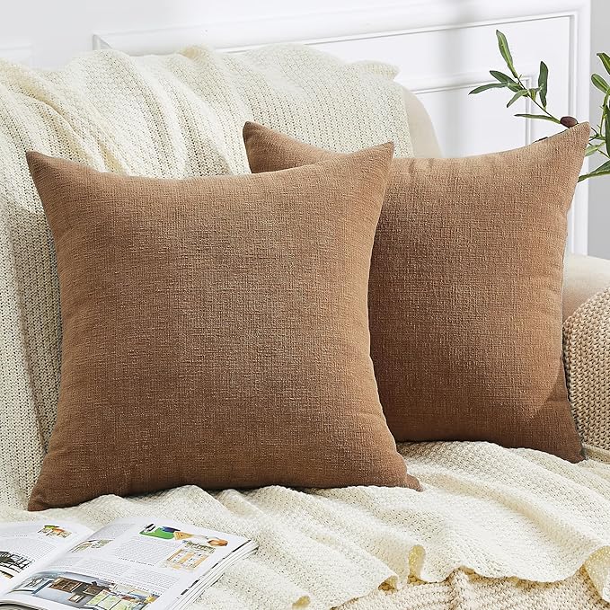 GAWAMAY Decorative Square Throw Pillow Covers 20"x20" Inch Set of 2, Super Soft Chenille Pillows Farmhouse Fall Pillowcase for Living Room Bedroom Sofa Couch Cushion Cover Brown 50x50cm (No Inserts)