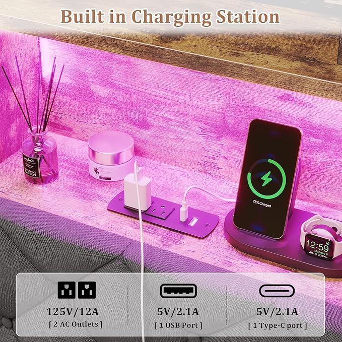 Queen Bed Frame with 4 Drawers and Hidden Storage Headboard,LED Bed Frame with Marshmallow Storage and Charging Station,Light up Queen Platform Bed,No Box Spring Needed, Easy Assembly,Vintage Brown