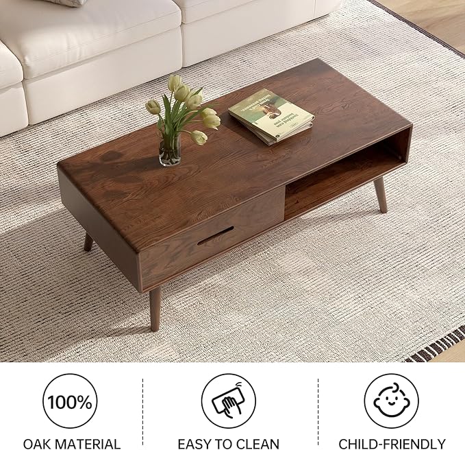 100% Solid Wood Coffee Table with Storage, Mid Century Modern Coffee Tables for Living Room, 39.37" W Coffee Table with 2 Drawers for Home (Oak Walnut Colour)