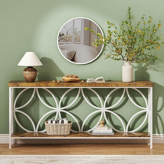 karlott 70.9 inch Extra Long Console Table, Industrial Sofa Table Behind Couch with 2 Tier Storage Shelf, Narrow Long Entryway Table for Living Room, Foyer, Hallway, Office, White