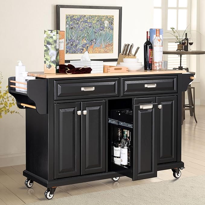 Rolling Solid Wood Kitchen Island with Rubberwood Top, 3 Drawers, 2 Cabinets, Adjustable Shelves, Spice Rack & Locking Wheels – Painted Finish, Black