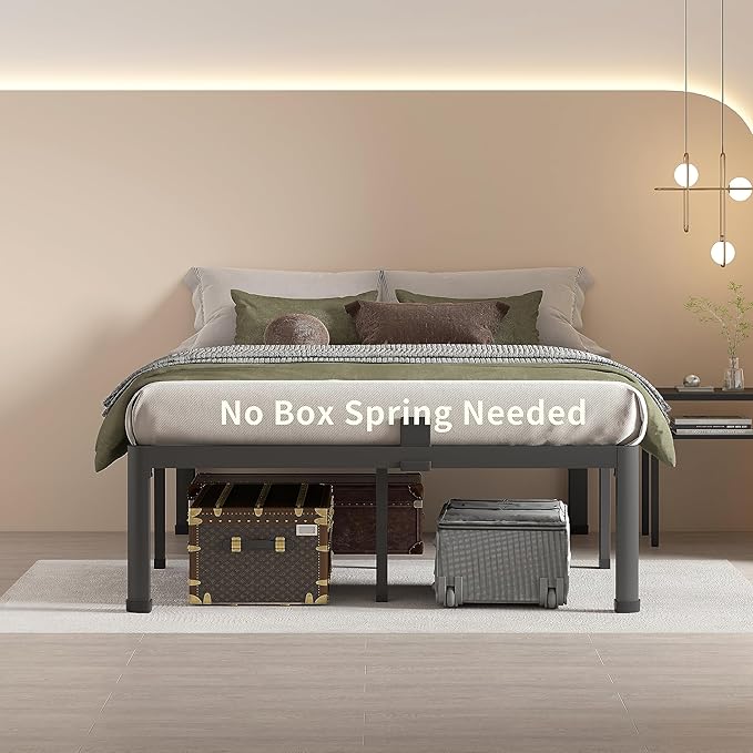 MAF 16 Inch Full Size Bed Frame with Round Corner Legs Mattress Slide Stopper No Box Spring Needed Heavy Duty Metal Platform Bed Frames Under-Bed Storage Space, 3000 LBS Steel Slats Support