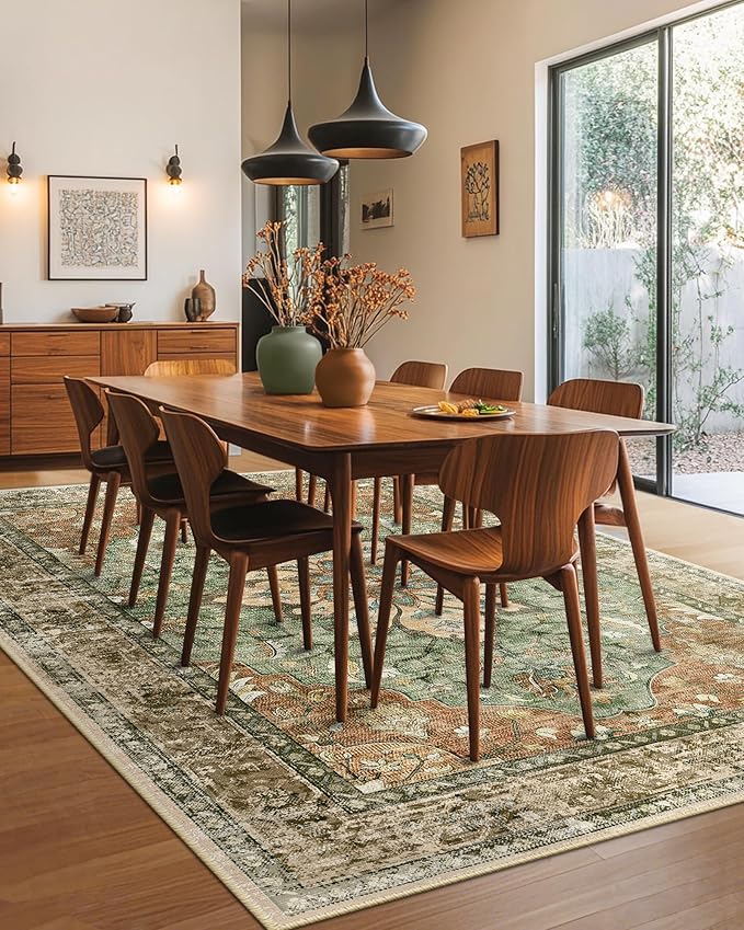 Area Rugs 8'x10' Washable Non-Slip, Floral Vintage Distress Print Pattern Medallion Carpet for Living Room Bedroom Dining Room, Brick Red Rust Neutral Brown Burnt Orange Green