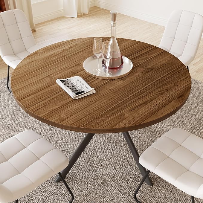 45.3 Inch Round Dining Table Set for 4, Mid Century Modern Small Coffee Set for Dining Room Kitchen Apartment (Light Walnut + 4 U-Shaped White Chairs)