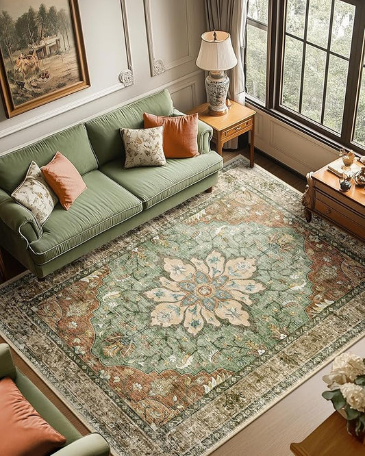 Area Rugs 6'x9' Washable Non-Slip, Floral Vintage Distress Print Pattern Medallion Carpet for Living Room Bedroom Dining Room, Brick Red Rust Neutral Brown Burnt Orange Green