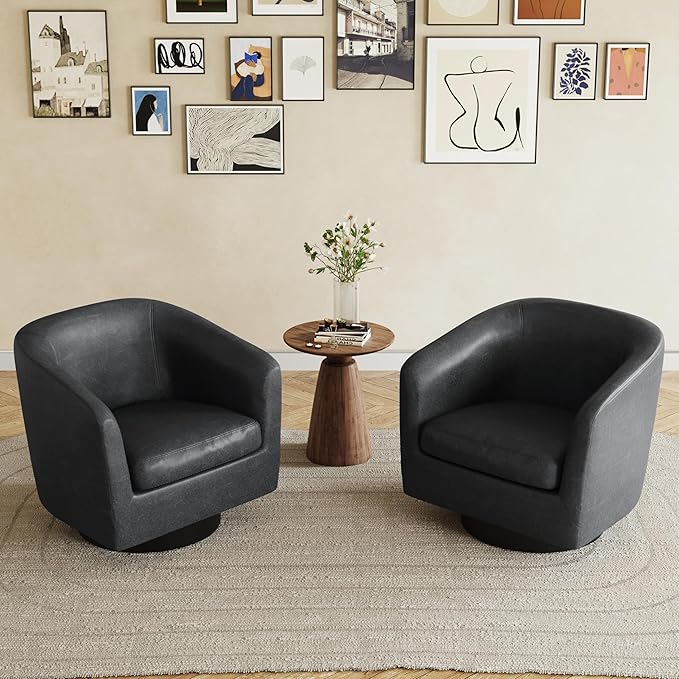 UIXE 360° Swivel Barrel Accent Chair Armchair, PU Leather Round Club Arm Chair for Lving Room, Modern Upholstered Small Bedroom Single Sofa Seat - Black, Set of 2