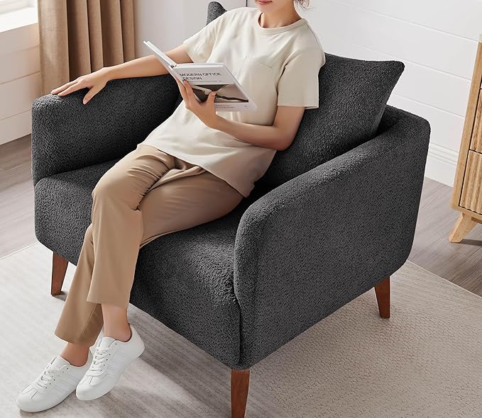 Oversized Accent Chair Modern Boucle Armchair for Living Room- 37" Wide Accent Chair with Solid Wood Legs, Dark Gray Upholstered Lounge Chair for Bedroom & Office, Cozy Reading Chair (Easy Assembly)