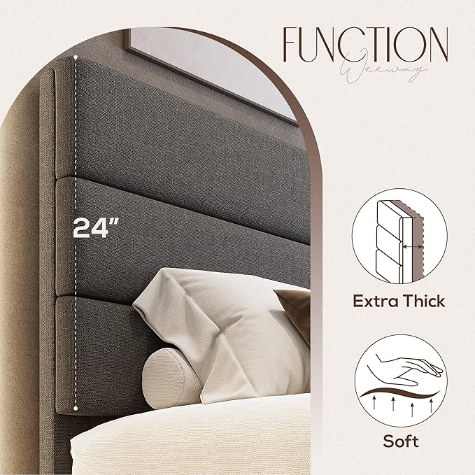 WEEWAY Full Size Bed Frame Platform Bed with Linen Fabric Upholstered Headboard and Wooden Slats Support, Heavy Duty Mattress Foundation, No Box Spring Needed, Easy Assembly, Dark Grey