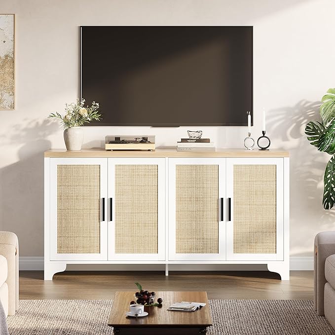 GAOMON TV Stand for TVs Up to 70'', Natural Rattan Entertainment Center with Storage Cabinets, Boho Media Console Table for Living Room, Farmhouse Cabinet, White