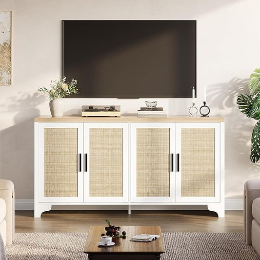 GAOMON TV Stand for TVs Up to 70'', Natural Rattan Entertainment Center with Storage Cabinets, Boho Media Console Table for Living Room, Farmhouse Cabinet, White