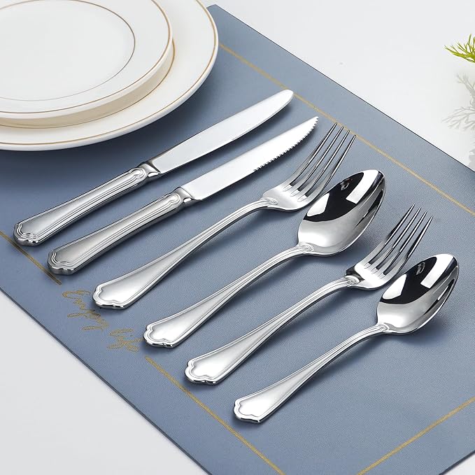18/10 Stainless Steel Silverware Sets for 12, 60 Piece Flatware Set, Rustic Silverware Set, Pretty Silverware Set, High end Silverware, Ideal For Gift