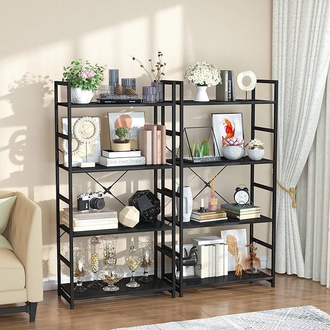 OTK 4 Tier Bookshelf, Tall Bookcase, Office Shelf Storage Organizer, Modern Book Shelf for Living Room, Bedroom, and Home Office, Black