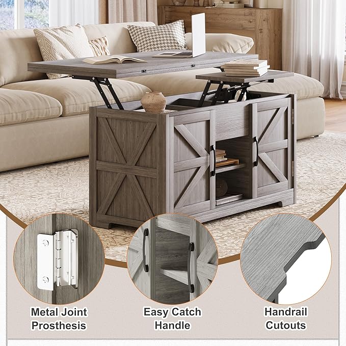 Lift Top Coffee Table with Storage, 4 in 1 Multi-Function Convertible Tea Tables with Hidden Compartment, Farmhouse Center Table Converts to Dining Table for Living Room, Grey