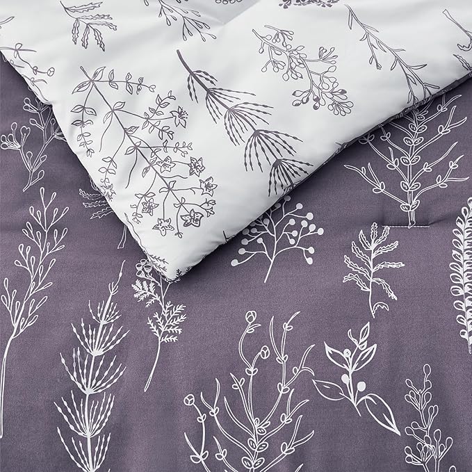 Bedsure King Comforter Set - Grayish Purple Bed Set, 3 Pieces Cute Floral Bedding, 1 Soft Reversible Botanical Flowers Comforter and 2 Pillow Shams