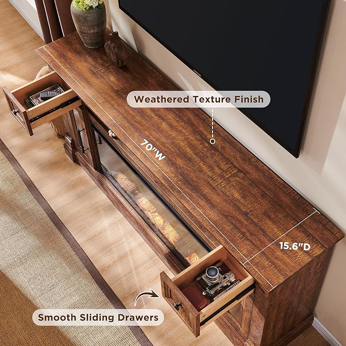OKD Farmhouse Fireplace TV Stand for 80 Inch TV, Entertainment Center with 42" Fireplace & LED Lights, Modern Media Console Table with Storage Drawers & Cabinets, Reclaimed Barnwood Color