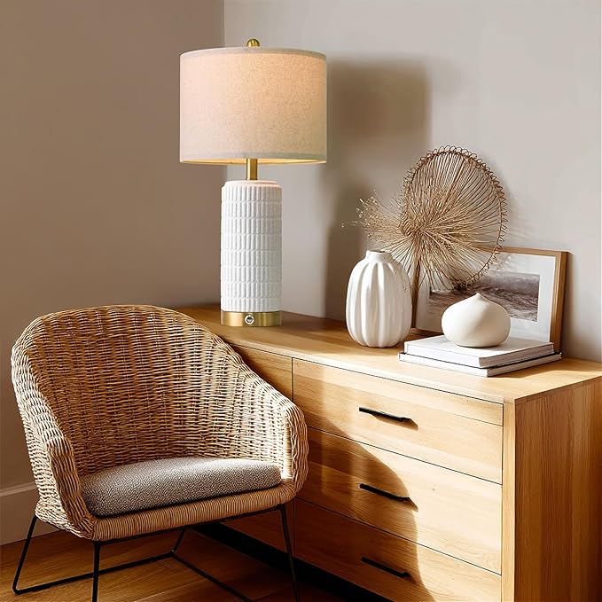 PoKat Touch Bedside Table Lamps with USB Ports for Bedroom, 25'' Dimmable Nightstand Touch Lamps for Night Stands, White Ceramic Lamps with Gold Base for Living Room End Side Table, Frosted White