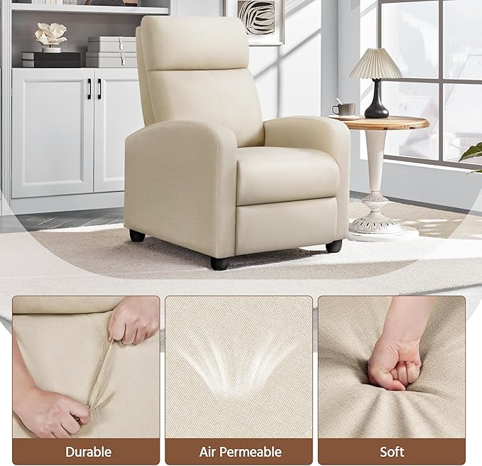 Yaheetech Modern Fabric Recliner Chair Sofa Adjustable Single Sofa with Thicker Seat Cushion and Backrest for Living Room Home Theater, Beige
