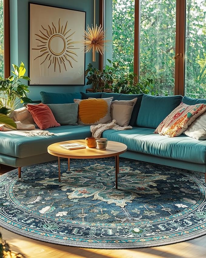 Area Rugs 6ft Washable Non-Slip, Floral Vintage Distress Print Pattern Medallion Carpet for Living Room Bedroom Dining Room, Teal Green Lake Blue Turquoise