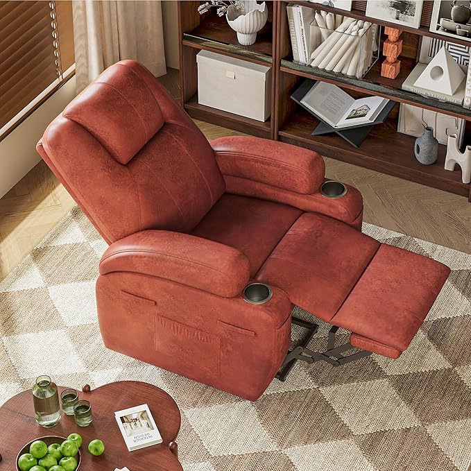Electric Power Lift Recliner Chair with Massage for Elderly Corduroy Fabric Recliner Single Sofa with Cup Holders, Side Pockets and Remote Control for Living Room Bedroom (Leathaire, Brown)