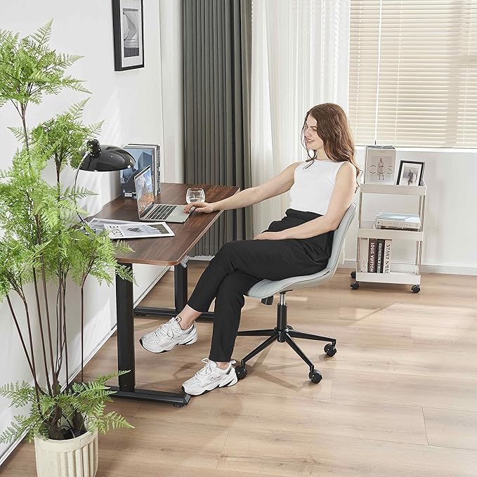 YOUNIKE Grey Home Office Desk Chair with Wheels Comfy Armless Vanity Chair with Back Modern Leather Upholstered Rolling Computer Task Chair Small Cute Drafting Sewing Chair Swivel Adjustable Ergonomic