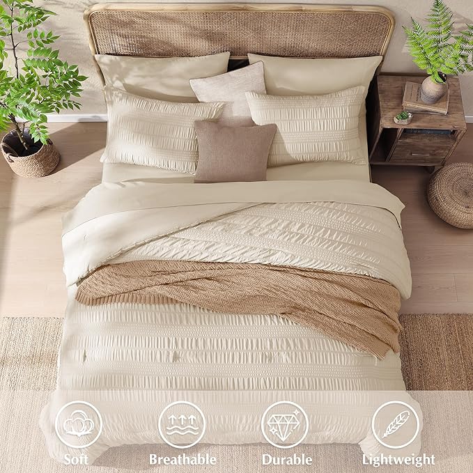 CASAAGUSTO Full Size Comforter Set, 7 Pieces Beige Seersucker Bed in a Bag Full Size Soft All Seasons, Bedding Sets with Comforter, Flat Sheet, Fitted Sheet, 2 Pillow Shams, 2 Pillowcases