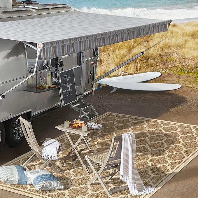 Eyely BMS109A-9 Santa Monica Trebol Moroccan Trellis Textured Weave Indoor/Outdoor Area Rug Coastal;Bohemian, Bedroom, Backyard, Patio, Easy-Cleaning, Non-Shedding, 9 X 12, Brown/Beige