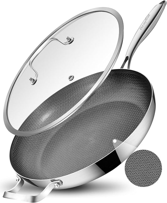 12 Inch Hybrid Non-Stick Stainless Steel Frying Pan - With Lid & Helper Handle, Induction Compatible Skillet, Dishwasher Safe, Oven Safe, Ideal for All Stovetops & Versatile Cooking