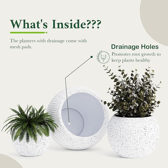 DTY Signature Mount Sherman Modern Indoor Outdoor Fiberstone Sphere Planter, Durable Round Garden Pot, Weather Resistant, Drainage Hole & Rubber Plug,Planter for Christmas Tree (Ribbed White, Small)