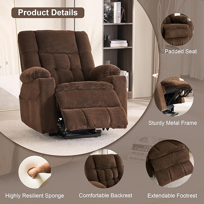 SALOHZA Power Lift Recliner Chair for Elderly with Massage and Heat for Living Room, Electric Recliner Chair for Adults with USB/Type C Port/Cup Holders, Velvet Fabric, Coffee