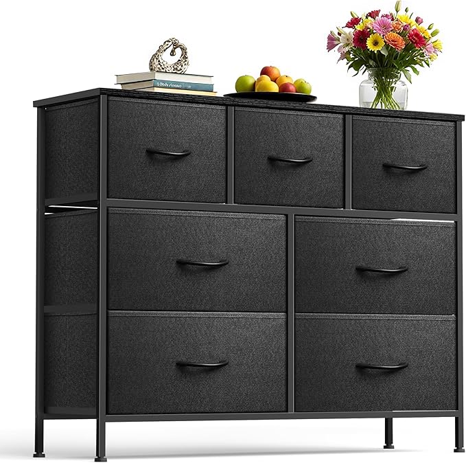 Dresser for Bedroom with 7 Drawers, Chest of Drawers, Storage Drawers Organizer Unit, Black Wide Fabric Dresser with Fabric Bins for Closet, Living Room, Entryway (Charcoal Black)