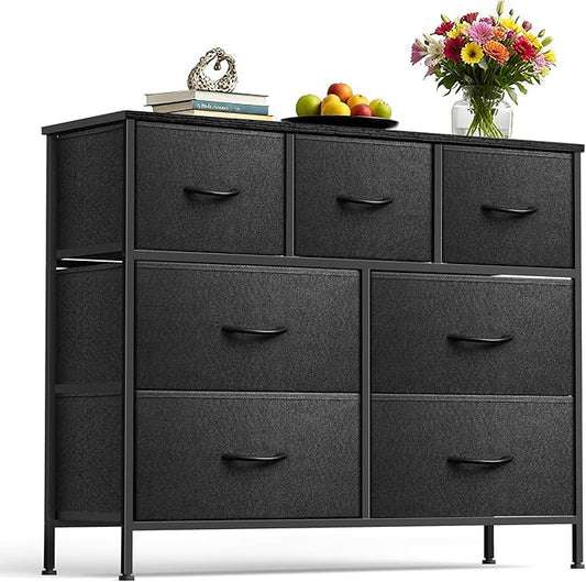 Dresser for Bedroom with 7 Drawers, Chest of Drawers, Storage Drawers Organizer Unit, Black Wide Fabric Dresser with Fabric Bins for Closet, Living Room, Entryway (Charcoal Black)